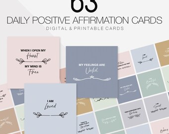 May include: A set of 63 printable affirmation cards with positive messages. The cards are in various colors, including pink, blue, green, and brown. The cards feature simple black text and illustrations of leaves and branches.