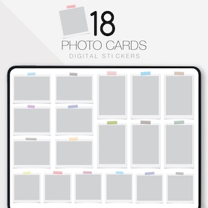 Könnte beinhalten: Ein digitales Blatt mit 18 Foto-Karten-Stickern. Die Sticker sind weiß mit einem grauen Rand und einem hellgrauen Hintergrund. Jeder Sticker hat oben ein Stück Klebeband in einer anderen Farbe.