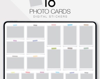 以下が含まれることがあります： 18枚の写真カードステッカーのデジタルシート。ステッカーは白で、グレーの縁取りとライトグレーの背景があります。各ステッカーの上部には、異なる色のテープが貼られています。