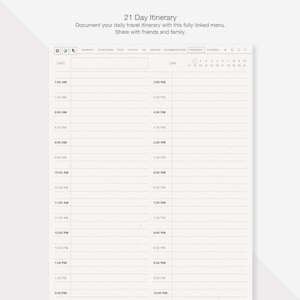 May include: A printable 21-day itinerary planner with a grid layout for documenting daily travel plans. The planner includes columns for date, time, and day number. The planner is designed to help travelers organize their trips and share their itineraries with friends and family.