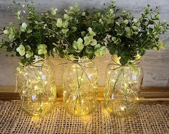 Mason Jar Centerpiece with Lights/Wedding Decor/Rustic Home Decor/Farmhouse Decor/Home Decor