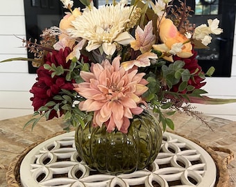 Fall Floral Centerpiece, Green Glass Vase, Farmhouse Table Arrangement, Thanksgiving Table Decor