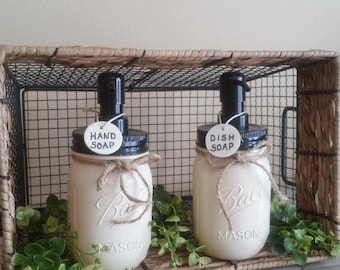 Kitchen Mason Jar Set/Soap Dispenser Set/Kitchen Decor/Rustic Home Decor/Farmhouse Decor/Painted Mason Jars/Rustic Kitchen Decor