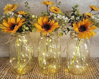Mason Jar Centerpiece/Table Centerpiece/Mason Jars with Lights/Farmhouse Home Decorrs/Sunflower Floral/Sunflowers
