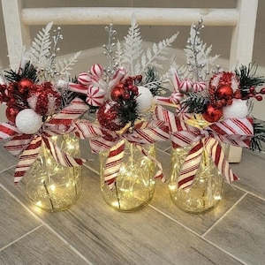 Christmas Mason Jar Centerpiece with Lights/Holiday Decor/Mason Jar Centerpiece/Farmhouse Christmas/Peppermint Candy/Farmhouse Decor