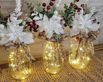 Christmas Mason Jar Centerpiece with Lights/Holiday Decor/Mason Jar Centerpiece/Farmhouse Christmas/Peppermint/Farmhouse Decor