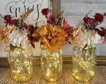 Mason Jar Centerpiece/Table Centerpiece/Fall Centerpiece/Floral Centerpiece/Mason Jars with Lights/Farmhouse Home Decor/Fall Mason Jars