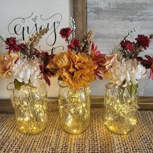 Mason Jar Centerpiece/Table Centerpiece/Fall Centerpiece/Floral Centerpiece/Mason Jars with Lights/Farmhouse Home Decor/Fall Mason Jars