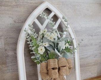 Cathedral Window Frame With Wreath/Window Frame With Floral/Wall Decor/Floral Swag/Farmhouse Window Frame/Rustic Home Decor/Farmhouse Decor