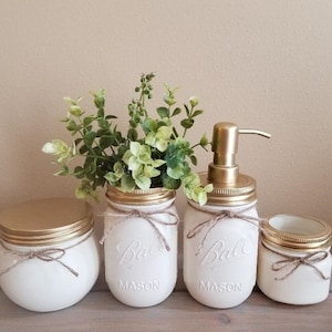 Bathroom Mason Jar Set/Painted Mason Jars/Mason Jar Soap Dispenser/Rustic Bathroom Decor/Bathroom Decor/Bathroom Centerpiece/Farmhouse Decor