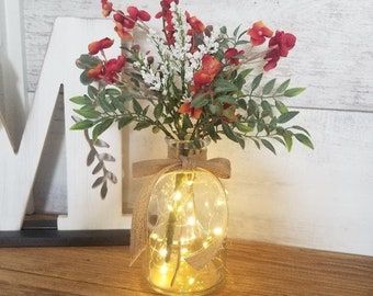 Floral Centerpiece/Glass Jar Centerpiece/Jar with Lights/Farmhouse Centerpiece/Farmhouse Home Decor/Table Centerpiece/Rustic Home Decor