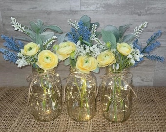 Mason Jar Centerpiece/Spring Mason Jar Centerpiece/Table Centerpiece/Mason Jars with Lights/Farmhouse Decor/Spring Floral/Wedding Mason Jars