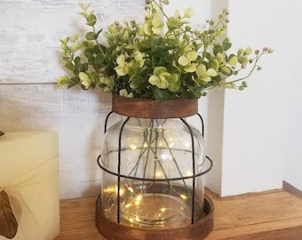 Vintage Lantern/Vintage Farmhouse Vase/Farmhouse Home Decor/Glass Vase with Lights/Rustic Home Decor