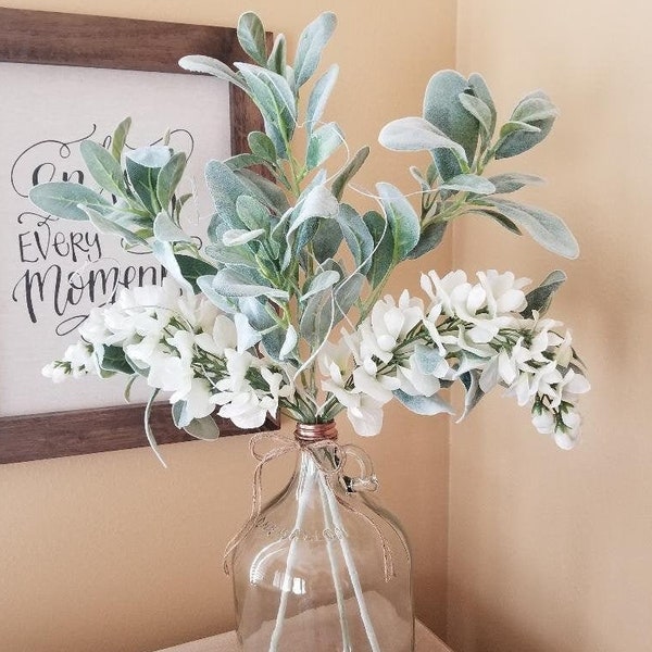 Farmhouse Glass Jug/Lambs Ear Centerpiece/Vintage Vase/Farmhouse Wedding Decor/ Floral Centerpiece/Farmhouse Centerpiece/Table Centerpiece