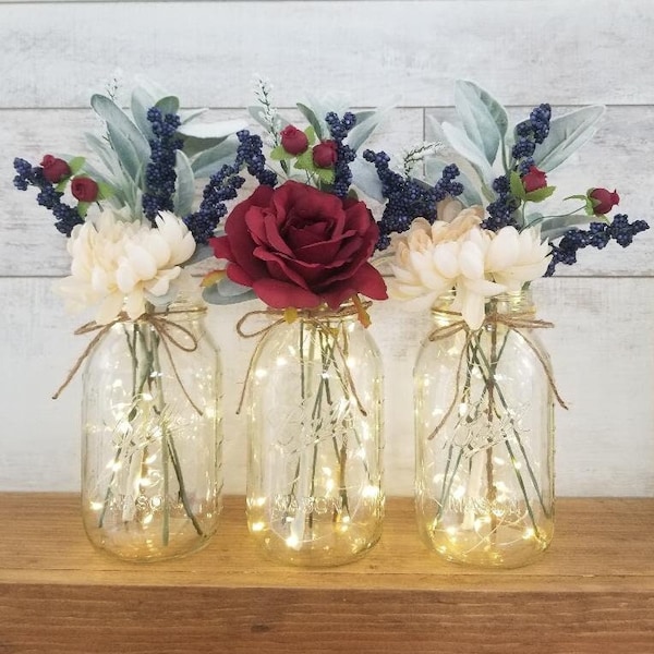 Mason Jar Centerpiece/Table Centerpiece/Fall Centerpiece/Wedding Centerpiece/Mason Jars with Lights/Farmhouse Home Decor/Fall Mason Jars