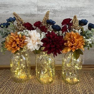 Mason Jar Centerpiece/Table Centerpiece/Fall Centerpiece/Floral Centerpiece/Mason Jars with Lights/Farmhouse Home Decor/Fall Mason Jars