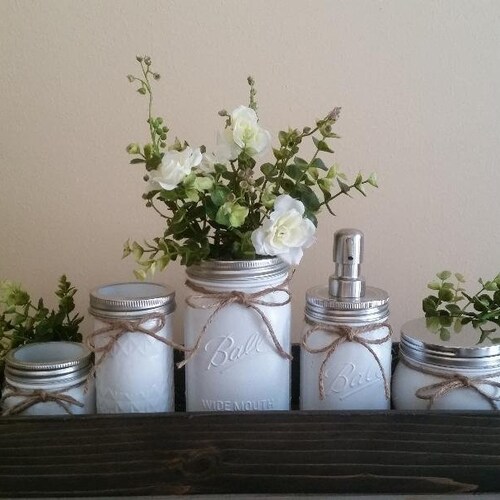 Purple Soap Dispenser Qtip Holder Mason Jar Bathroom Decor Etsy