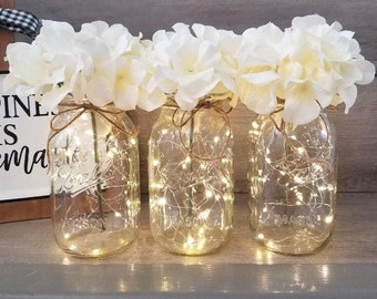 Mason Jar Centerpiece/Lighted Mason Jars/Dining Room/Wedding Centerpiece Table Centerpiece/Farmhouse Home Decor/Hydrangea Centerpiece