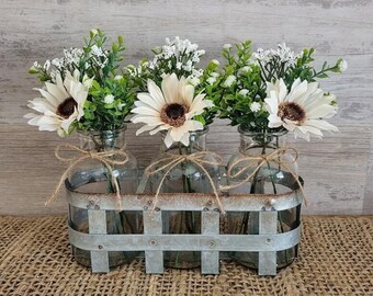 Galvanized Tray With Jars/Rustic Centerpiece/Farmhouse Decor/Wedding Centerpiece/Rustic Home Decor/Rustic Decor/Centerpiece