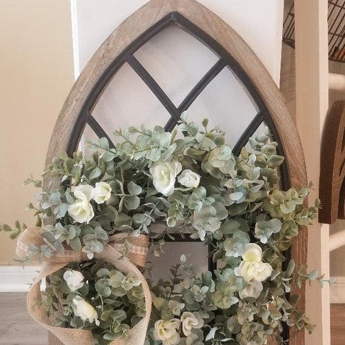 Large Cathedral Window Frame With Wreath/farmhouse Wall Etsy