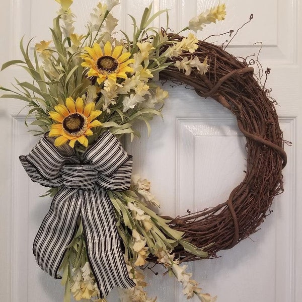 Farmhouse Wreath/Floral Wreath/Year Round Wreath/Wreath with Bow/Rustic Wreath/Indoor Wreath/Grapevine Wreath