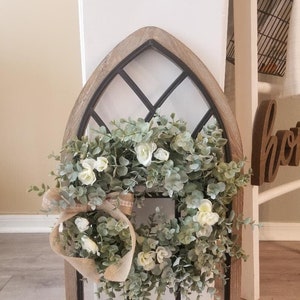 Cathedral Window Frame With Wreath/Window Frame With Wreath/Wall Decor/Mini Wreath/Farmhouse Window Frame/Rustic Home Decor/Farmhouse Decor