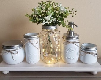 Mason Jar Bathroom Set/Bathroom Organizer/Home Decor/Mason Jar With Light/Painted Mason Jars/Bathroom Decor/Soap Dispenser/Toothbrush Holder