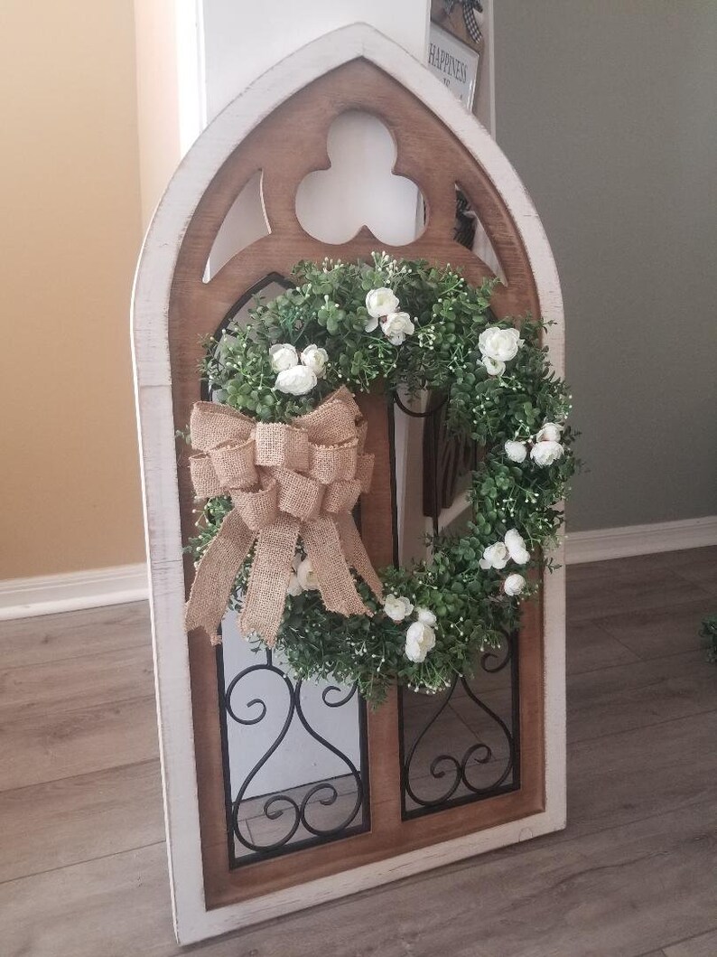 Large Cathedral Window Frame With Wreath/Farmhouse Wall Etsy