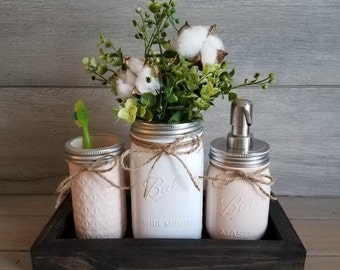 Mason Jar Bathroom Set/Bathroom Organizer/Home Decor/Mason Jar With Light/Painted Mason Jars/Bathroom Decor/Soap Dispenser/Toothbrush Holder