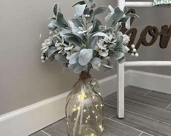 Farmhouse Glass Jug/Lambs Ear Centerpiece/Vintage Vase/Farmhouse Wedding Decor/ Floral Centerpiece/Farmhouse Centerpiece/Table Centerpiece