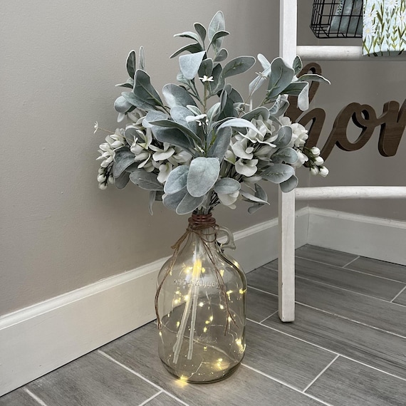 Farmhouse Glass Jug/Lambs Ear Centerpiece/Vintage Vase/Farmhouse Wedding Decor/ Floral Centerpiece/Farmhouse Centerpiece/Table Centerpiece