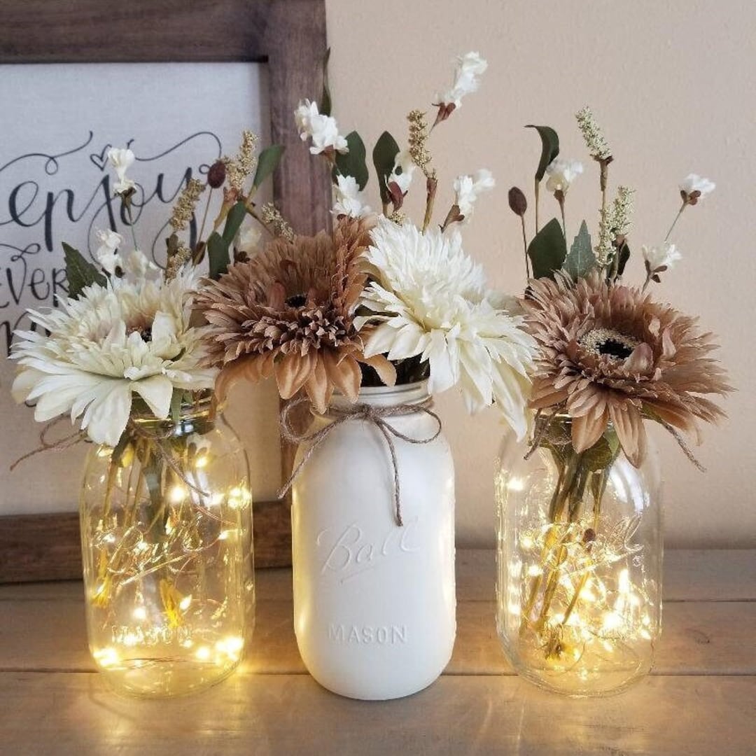 DIY Wooden Slab Centerpieces With Jars and Flowers