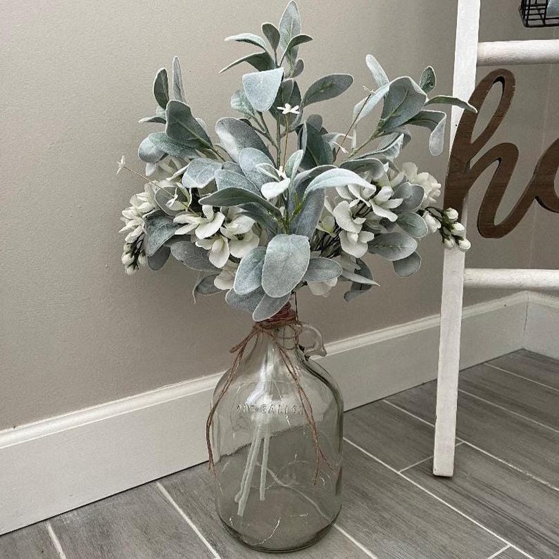 Farmhouse Glass Jug/Lambs Ear Centerpiece/Vintage Vase/Farmhouse Wedding Decor/ Floral Centerpiece/Farmhouse Centerpiece/Table Centerpiece image 2