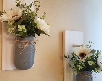 Mason Jar Wall Sconce Set/Wall Planters/Wall Sconces/Wall Hanging/Rustic Wall Decor/Wall Decor/Home Decor/Floral Wall Decor