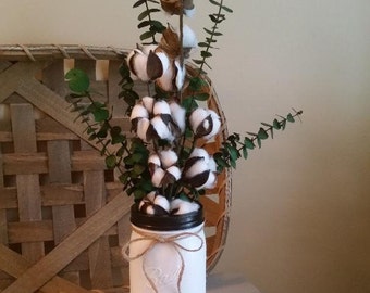 Mason Jar Centerpiece /Painted Mason Jar/Cotton/ Cotton Stems/Eucalyptus/Floral Arrangement/Rustic/Rustic Centerpiece