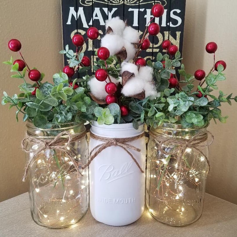 Christmas Mason Jar Centerpiece With Lights/holiday Decor/mason Jar Centerpiece/jar With Lights/rustic Home Decor/farmhouse Decor/home Decor - Etsy