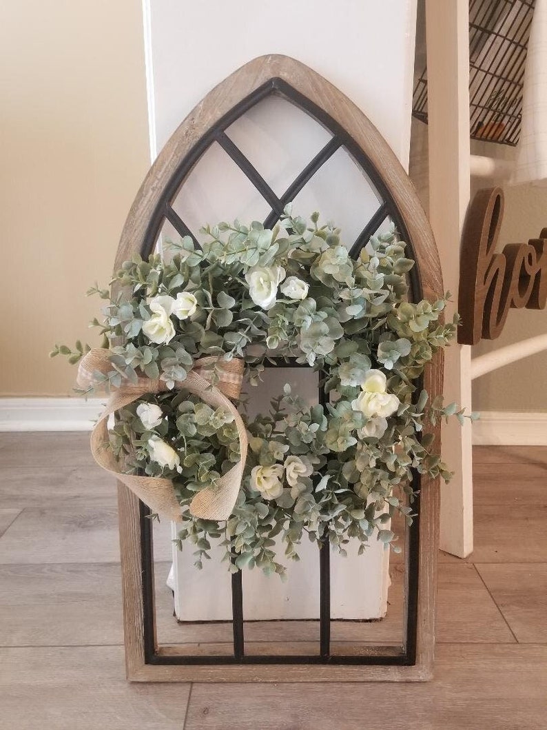 Cathedral Window Frame With Wreath/Window Frame With Wreath/Wall Decor/Mini Wreath/Farmhouse Window Frame/Rustic Home Decor/Farmhouse Decor image 1