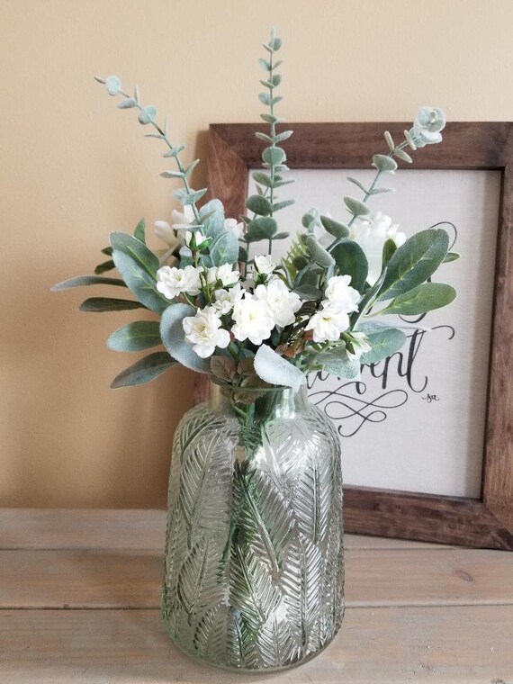 Farmhouse Glass Jug/Lambs Ear Centerpiece/Vintage Vase/Farmhouse