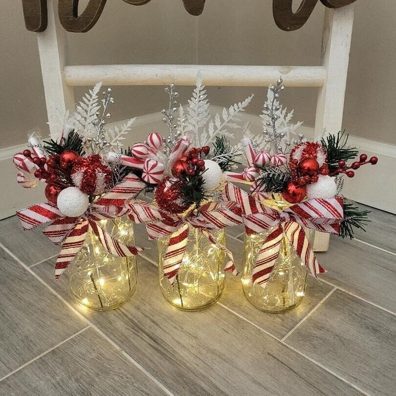Christmas Mason Jar Centerpiece with Lights/Holiday Decor/Mason Jar Centerpiece/Farmhouse Christmas/Peppermint Candy/Farmhouse Decor