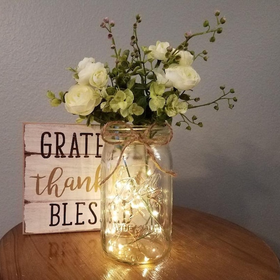 Mason Jar with Lights Fairy Lights Wedding Centerpiece Mason Jar Centerpiece Home Decor Farmhouse Decor Centerpiece