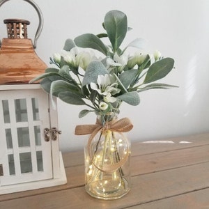 Lambs Ear Centerpiece/Glass Jar Centerpiece/Jar with Lights/Farmhouse Centerpiece/Table Centerpiece/Farmhouse Home Decor/Wedding Centerpiece