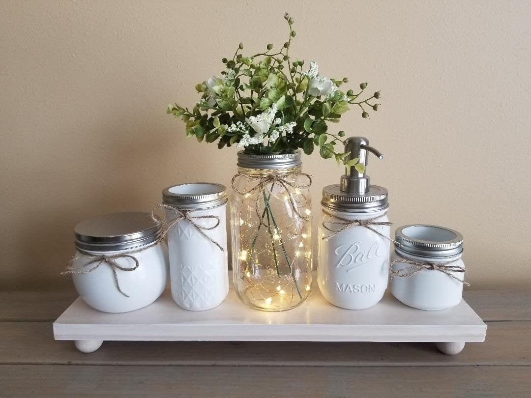 Mason Jar Bathroom Set/Bathroom Organizer/Home Decor/Mason Jar With Light/Painted Mason Jars/Bathroom Decor/Soap Dispenser/Toothbrush Holder