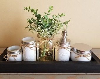 Mason Jar Bathroom Set/Bathroom Organizer/Home Decor/Mason Jar With Light/Painted Mason Jars/Bathroom Decor/Soap Dispenser/Toothbrush Holder