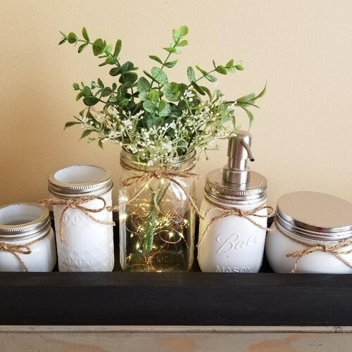 Purple Soap Dispenser Qtip Holder Mason Jar Bathroom Decor Etsy