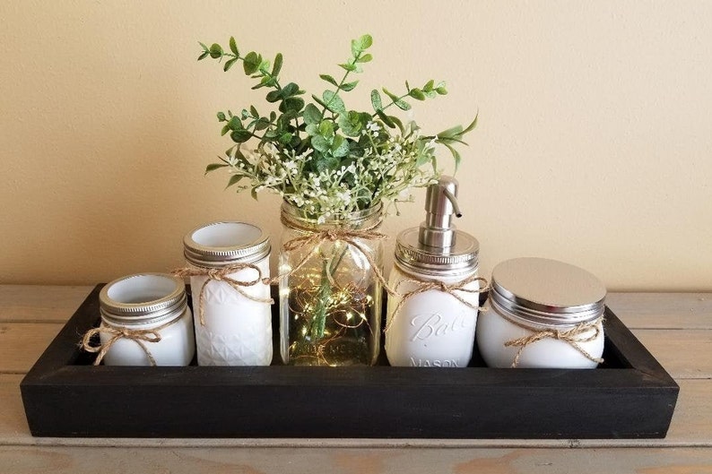 Mason Jar Bathroom Set/Bathroom Organizer/Home Decor/Mason Jar With Light/Painted Mason Jars/Bathroom Decor/Soap Dispenser/Toothbrush Holder image 1