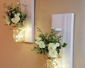 Mason Jar Wall Sconce Set/Wall Planters/Wall Sconces/Fairy Light Sconce Set/Home Decor/Farmhouse Decor/Wall Decor/Rustic Wall Decor