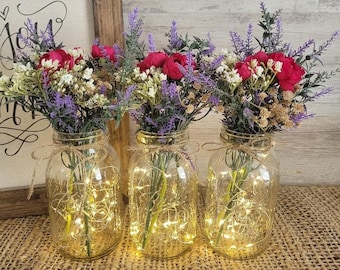 Mason Jar Centerpiece/Table Centerpiece/Spring Mason Jars/Floral Centerpiece/Mason Jars with Lights/Farmhouse Home Decor/Fall Mason Jars