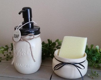 Mason Jar Soap Dispenser Set/Sponge Holder/Kitchen Decor/Rustic Home Decor/Farmhouse Decor/Kitchen Soap Dispenser