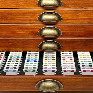 DMC 3mm acrylic bobbins with printed number and colours - sized for DMC wooden vintage cabinet (NOT included)
