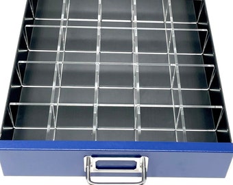 May include: A blue metal drawer with a silver handle and clear plastic dividers. The drawer is open and the dividers create multiple compartments.